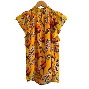 A.L.C. Yellow Floral Smocked-Neck Sleeveless Top